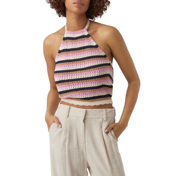 Vero Moda SHAJI COTTON BLEND KNIT HALTER TOP BIRCH STRIPES. Size M. NWOT - Picture 1 of 9